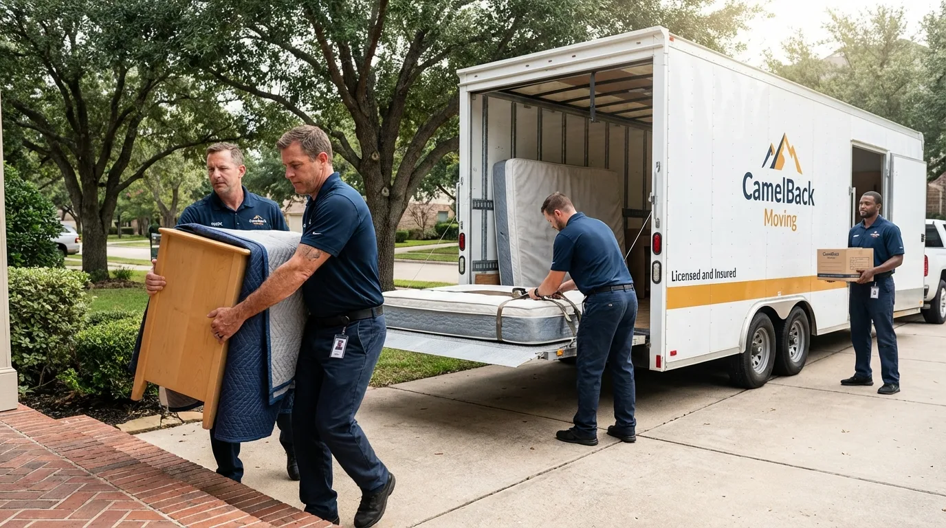 Crew loading residential truck for cross-state move from New Haven, MO