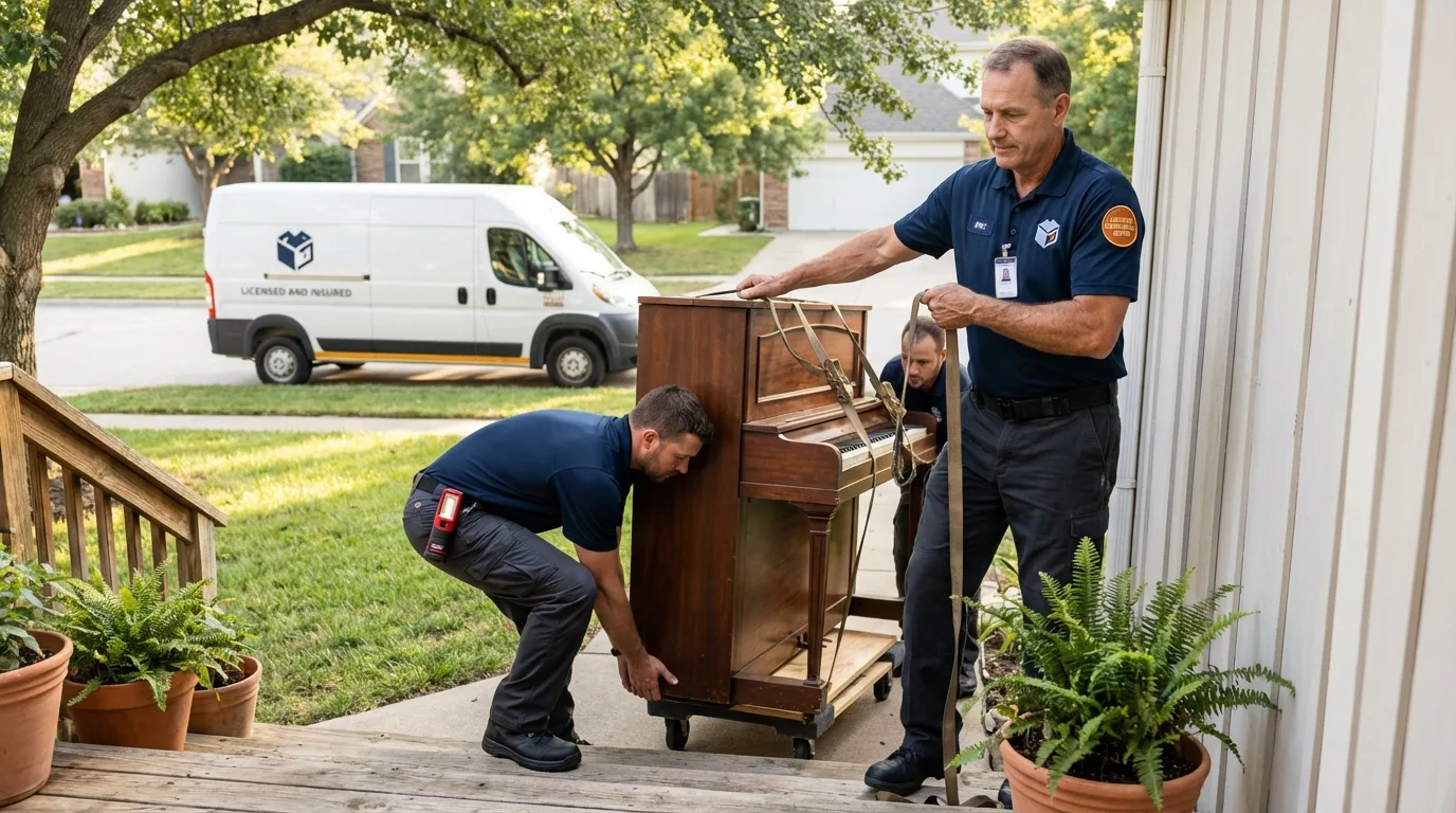 Licensed piano movers securing grand piano in New Haven, MO