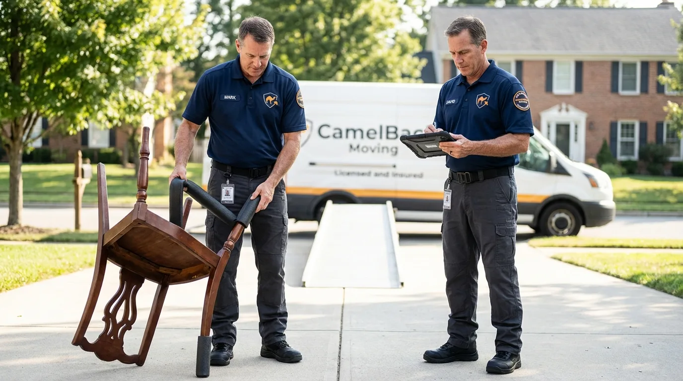 Movers inspecting furniture for damage prevention before loading in New Haven, MO