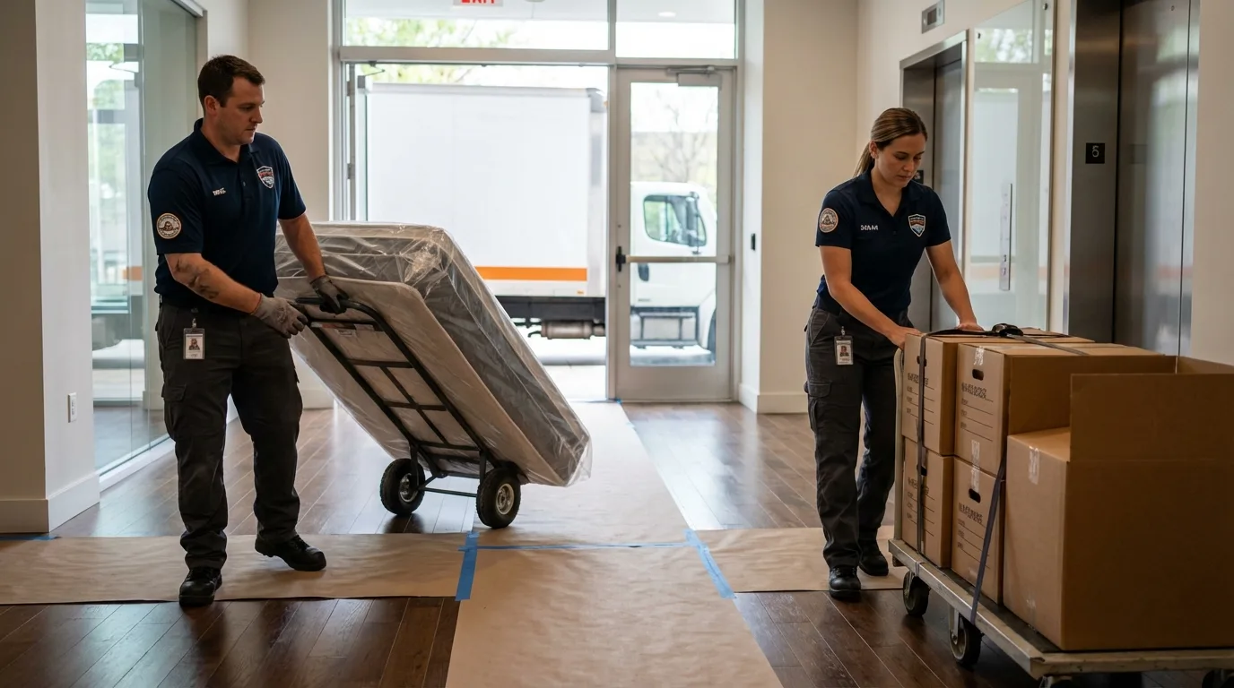 Professional apartment movers loading elevator in New Haven, MO